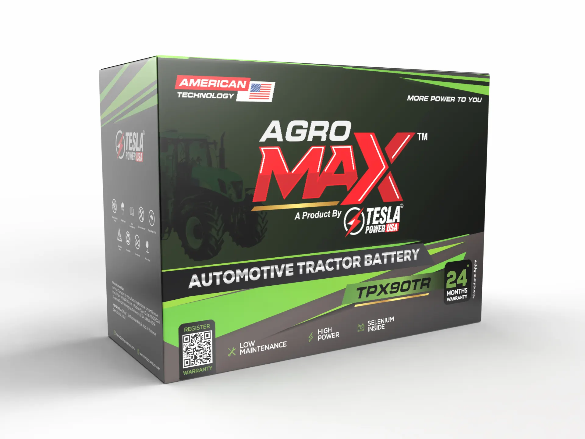 Agro Max TPX90TR battery packaging, angled view