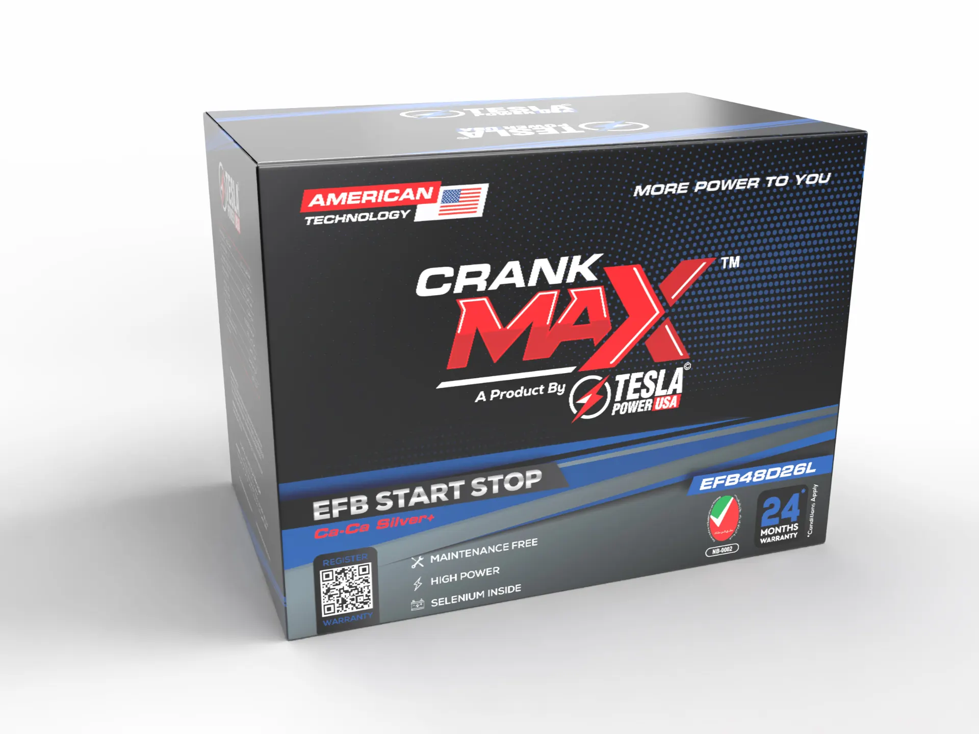 Crank Max EFB battery packaging, angled view