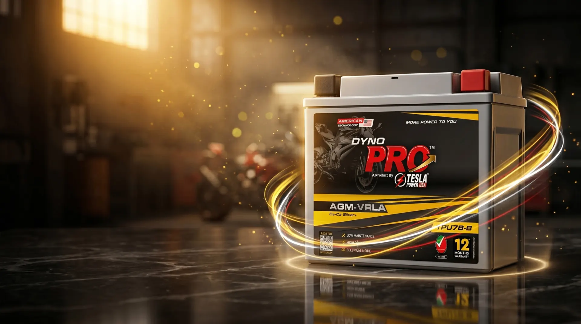 Dyno Pro AGM-VRLA two-wheeler battery by Tesla Power USA