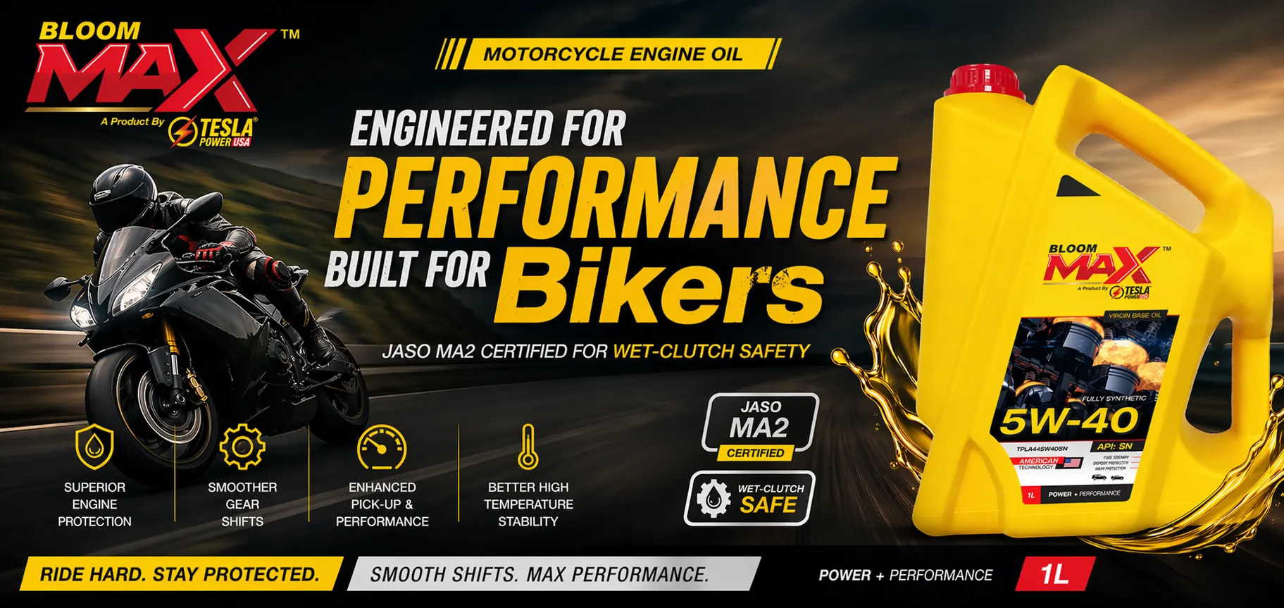 Bloom Max motorcycle engine oil, powered by Tesla Power USA