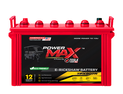 Power Max deep-cycle e-rickshaw battery, front view