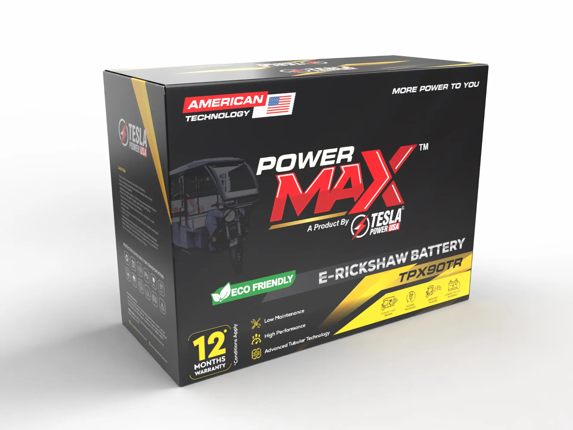 Power Max e-rickshaw battery packaging, angled view