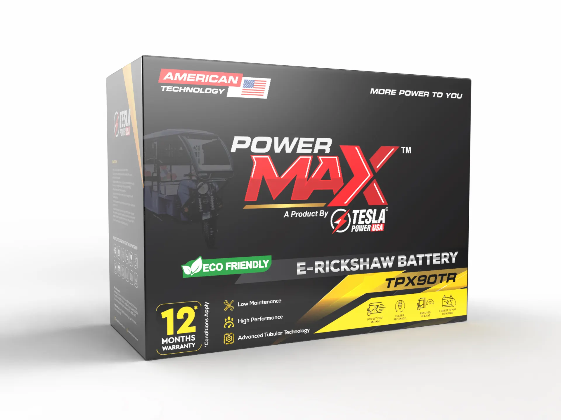 Power Max e-rickshaw battery packaging, alternate angle